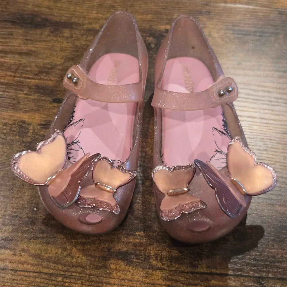 Mini Melissa Ultragirl Butterfly Rose Gold Glitter Jelly Shoes Flats Kids 10c